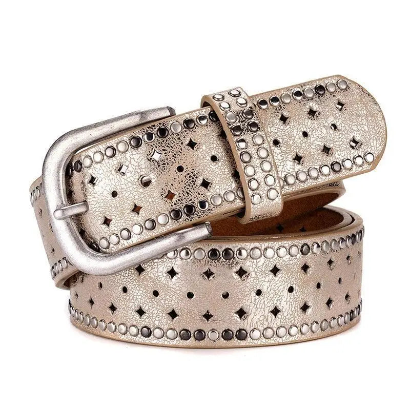 Silver studded and perforated belt from Black Leather Belt with Silver Studded Buckle for Women