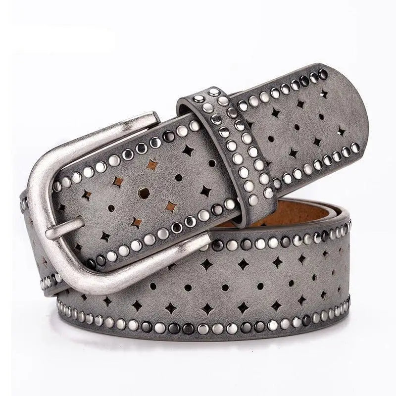 Gray studded leather belt with silver buckle for women displayed in Black Leather Belt product