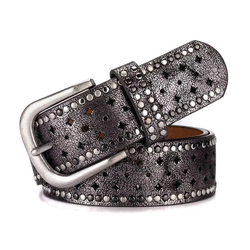 Black leather belt with silver studs and perforations featuring a silver buckle for women