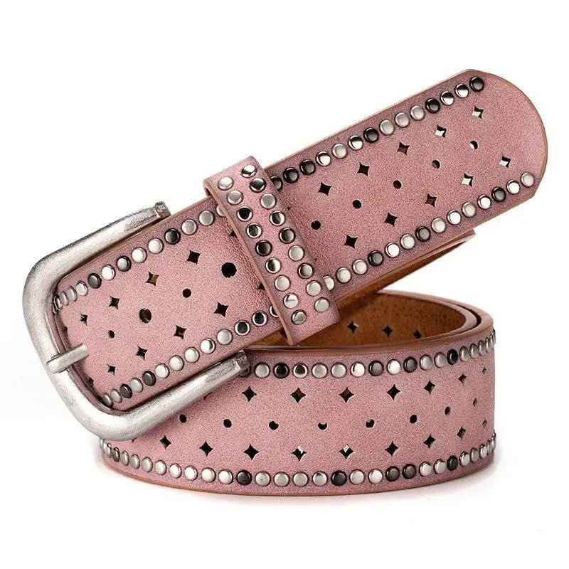 Pink studded leather belt with silver buckle for women from Black Leather Belt collection