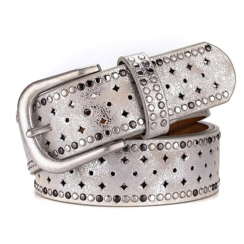 Silver studded and perforated belt featured in Black Leather Belt with Silver Studded Buckle for Women