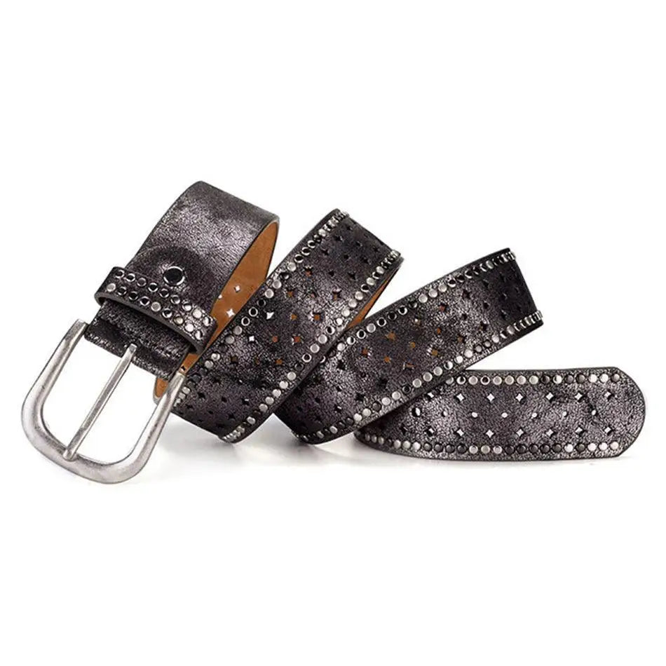 Black leather belt with silver studded buckle for women product image