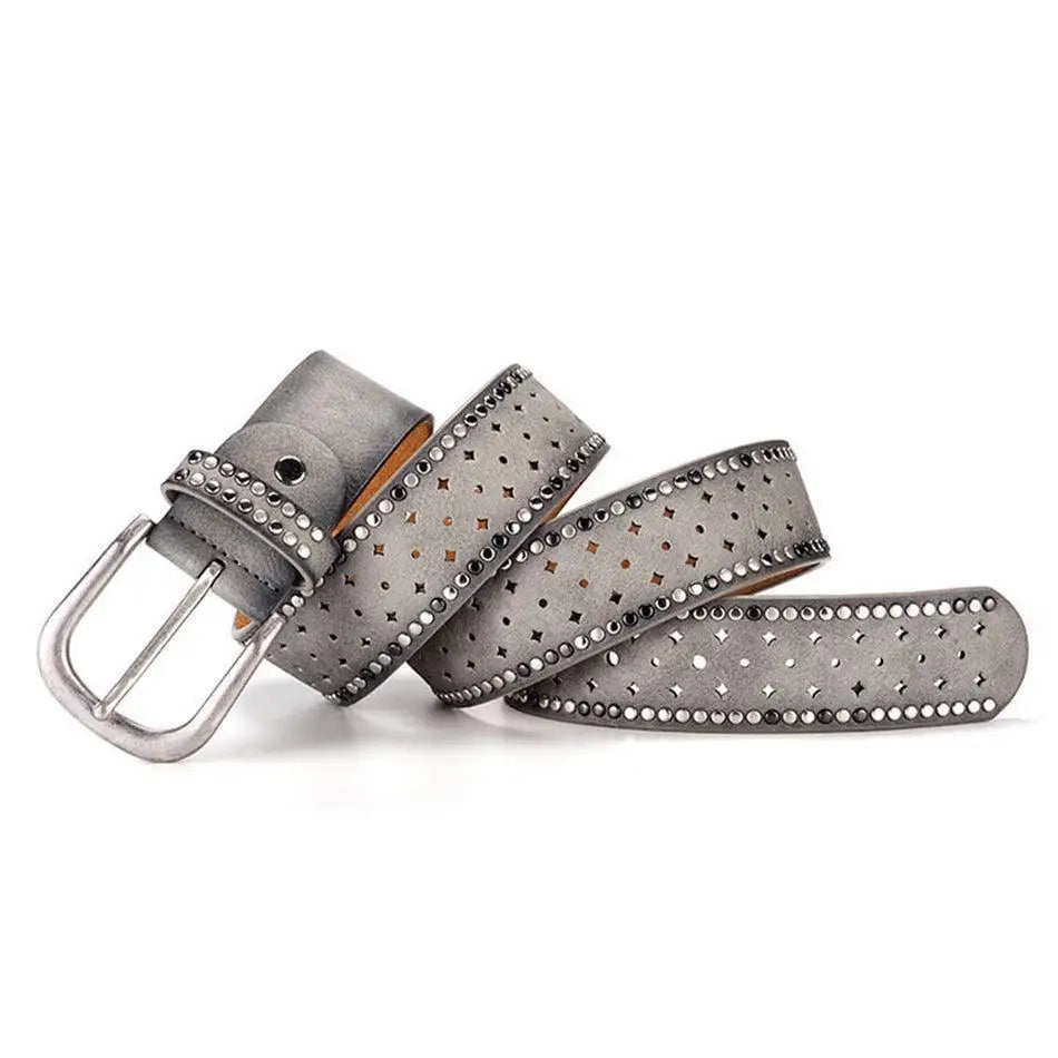Gray leather belt with silver rhinestone-studded buckle for women fashion accessory