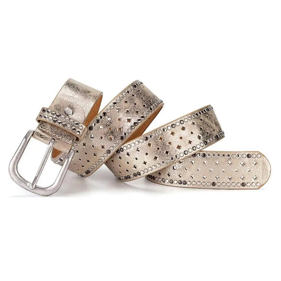 Silver Studded Belt with Buckle on Black Leather for Women