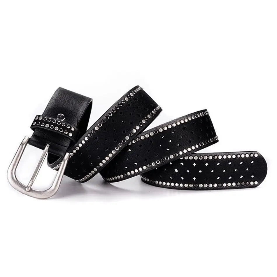 Black leather belt with silver studs and a studded buckle for women