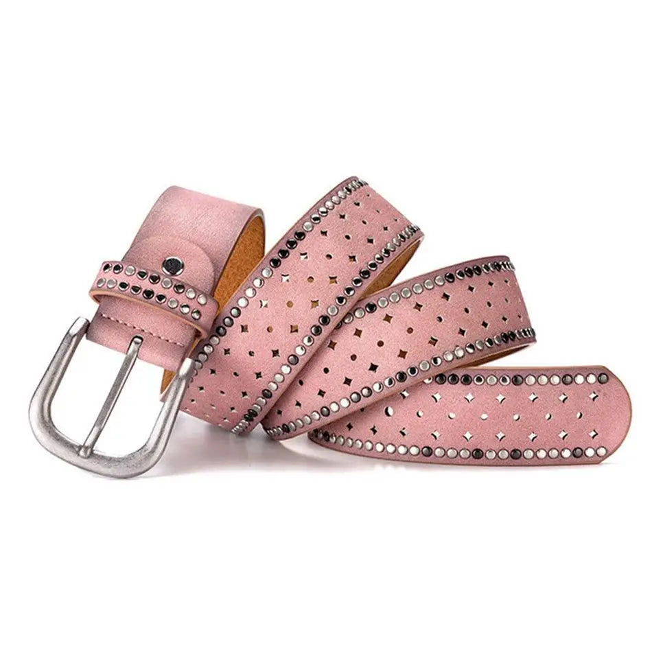Pink leather belt with silver buckle and embellishments for women fashion accessory
