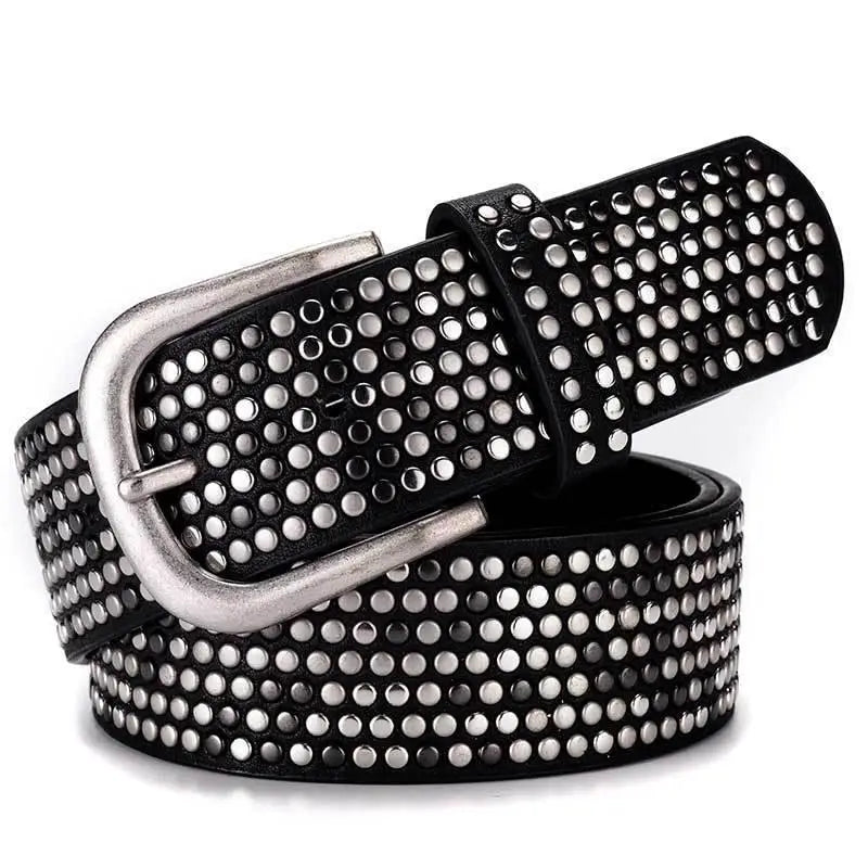 Black studded leather belt from Eirina Women’s Studded Belt Collection with rhinestone accents