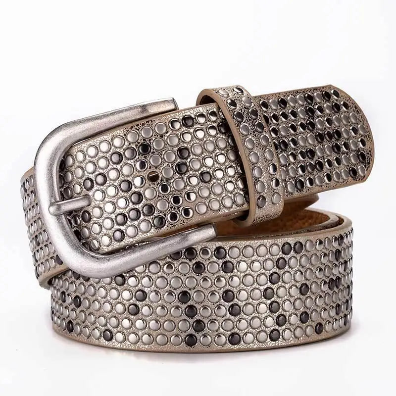 Silver studded leather belt from Eirina Women’s Studded Belt Collection with rhinestone accents
