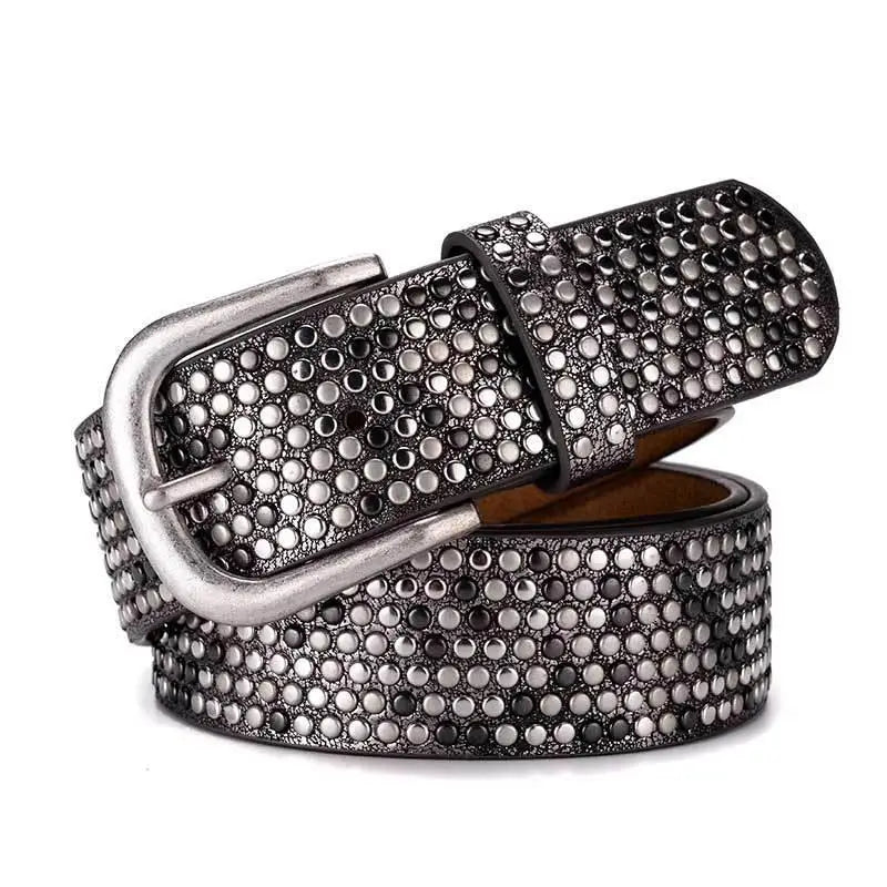 Eirina Women’s Studded Belt with Rhinestone Accents and Silver Buckle