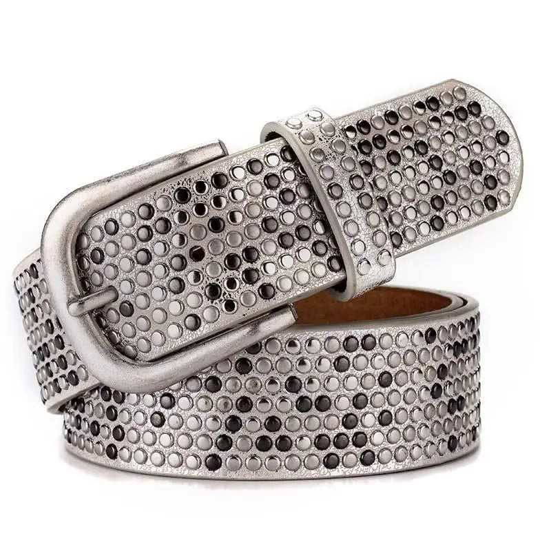 Silver studded belt from Eirina Women’s Studded Belt Collection with Rhinestone Accents