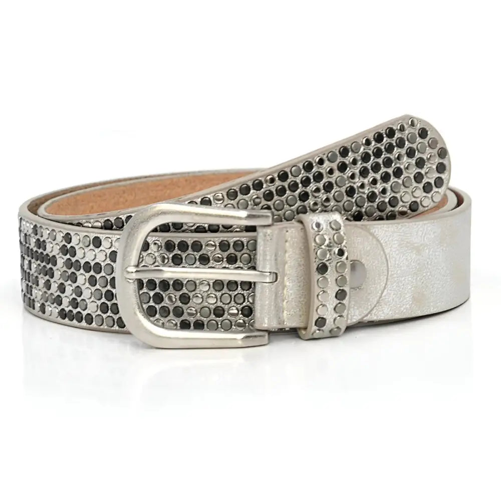 Silver women’s studded belt with rhinestone embellishments from the Eirina Women’s Studded Belt Collection