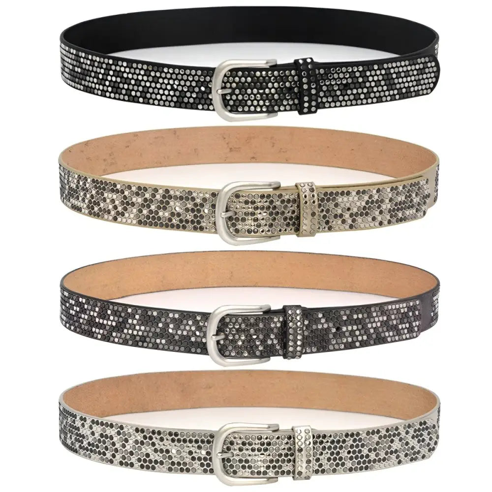Four rhinestone-studded belts from the Eirina Women’s Studded Belt Collection on display