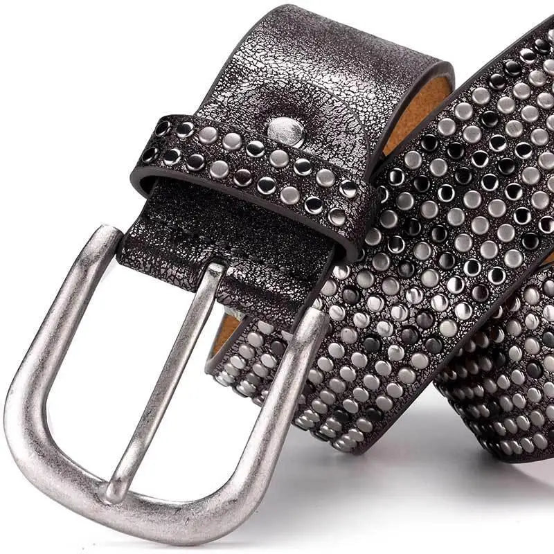 Eirina Women’s Studded Belt Collection featuring a silver and black leather studded belt with rhinestone accents