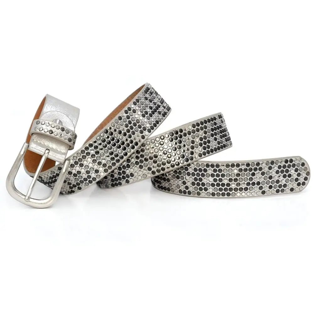 Silver studded belt from the Eirina Women’s Studded Belt Collection with rhinestone accents