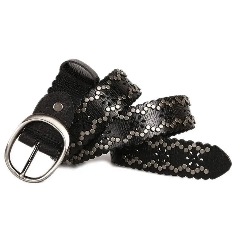 Elmyra Belt with Silver Studs and Scalloped Edges in Black and Brown