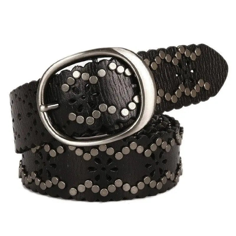 Elmyra Belt with Silver Studs and Scalloped Edges in Black and Brown, stylish leather accessory