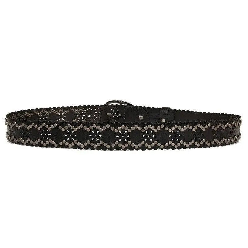 Elmyra Belt with Silver Studs and Floral Cutouts in Black Leather for Elegant Style