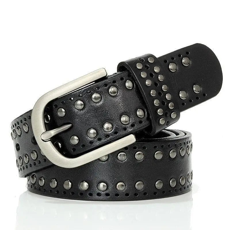 Genuine leather black studded belt with metal buckle for stylish accessories