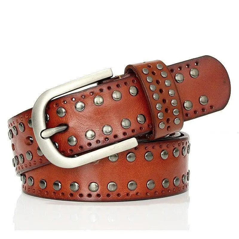 Genuine Leather Belt with Metal Buckles and Studded Design