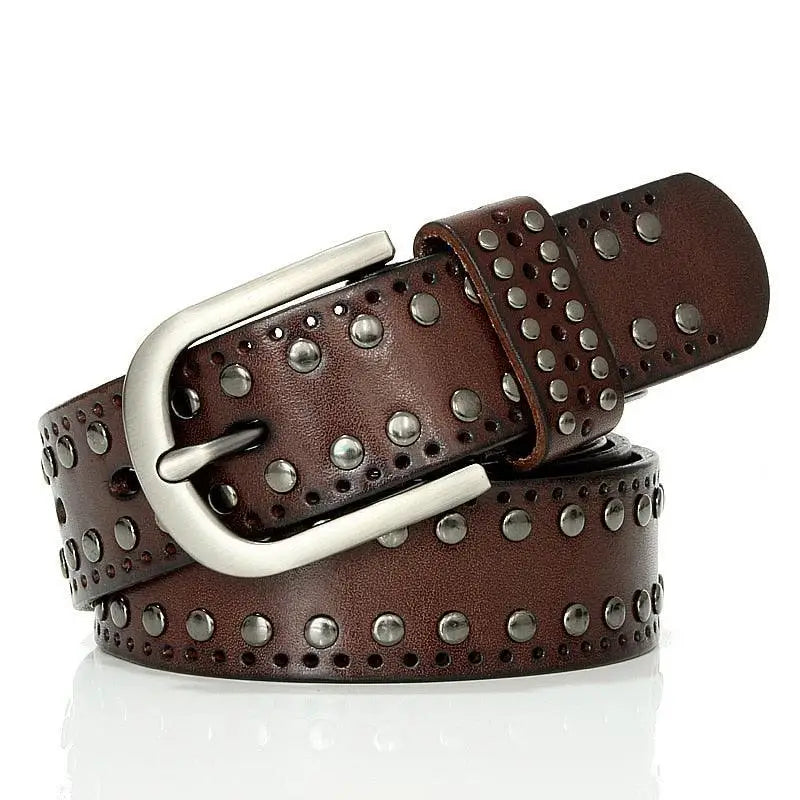 Genuine leather belt with metal buckle and studded design for stylish wear