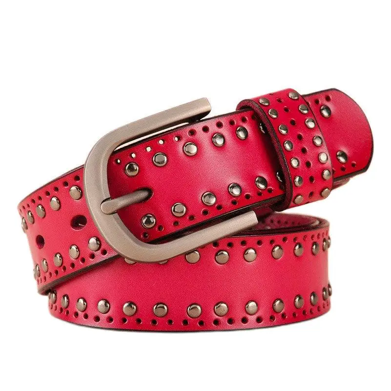 Genuine Leather Belt with Metal Studs and Buckle for Stylish Men and Women