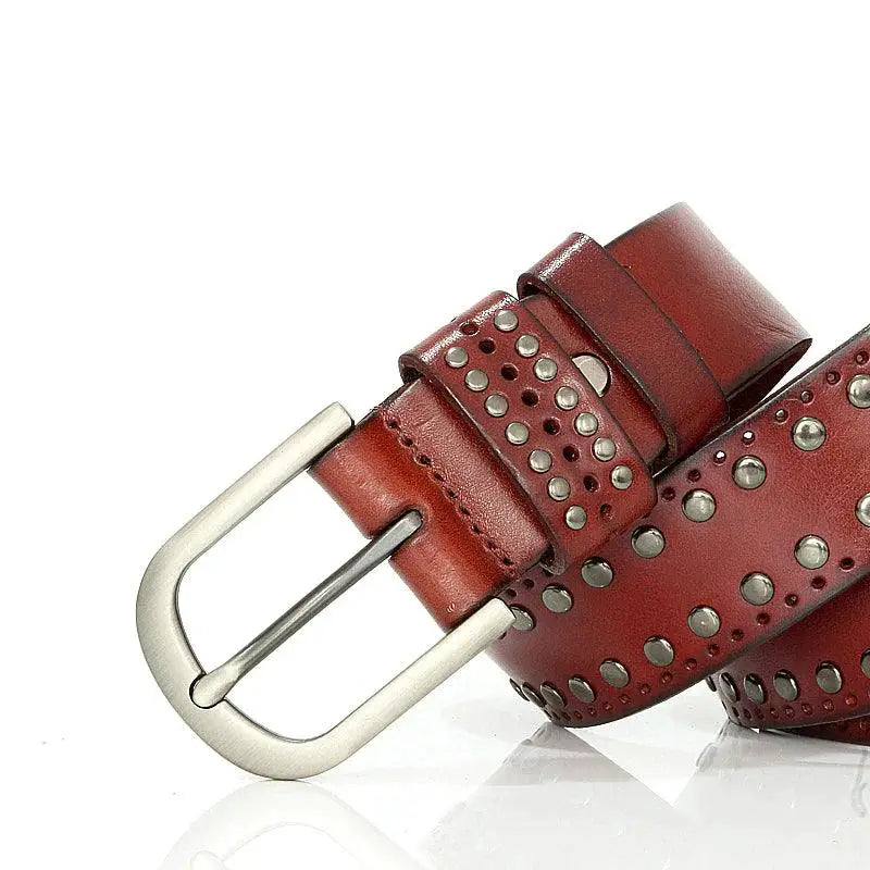 Red genuine leather belt with silver studs and metal buckle design