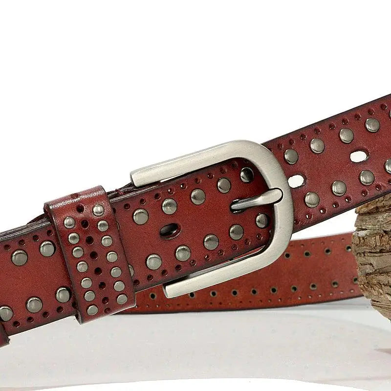 Genuine leather maroon belt with silver buckle and studded design for stylish wear