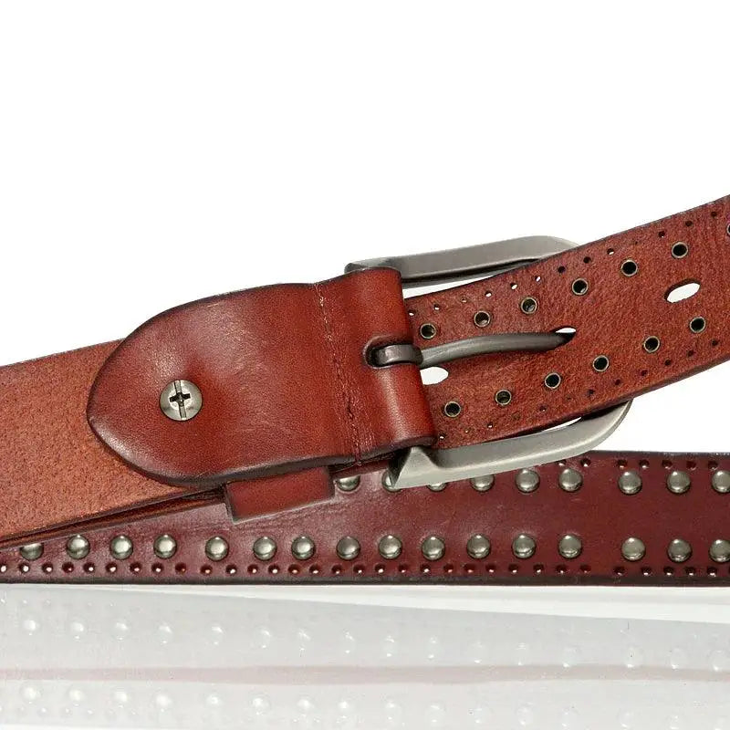 Genuine leather belt with metal buckle and studded design for stylish accessories