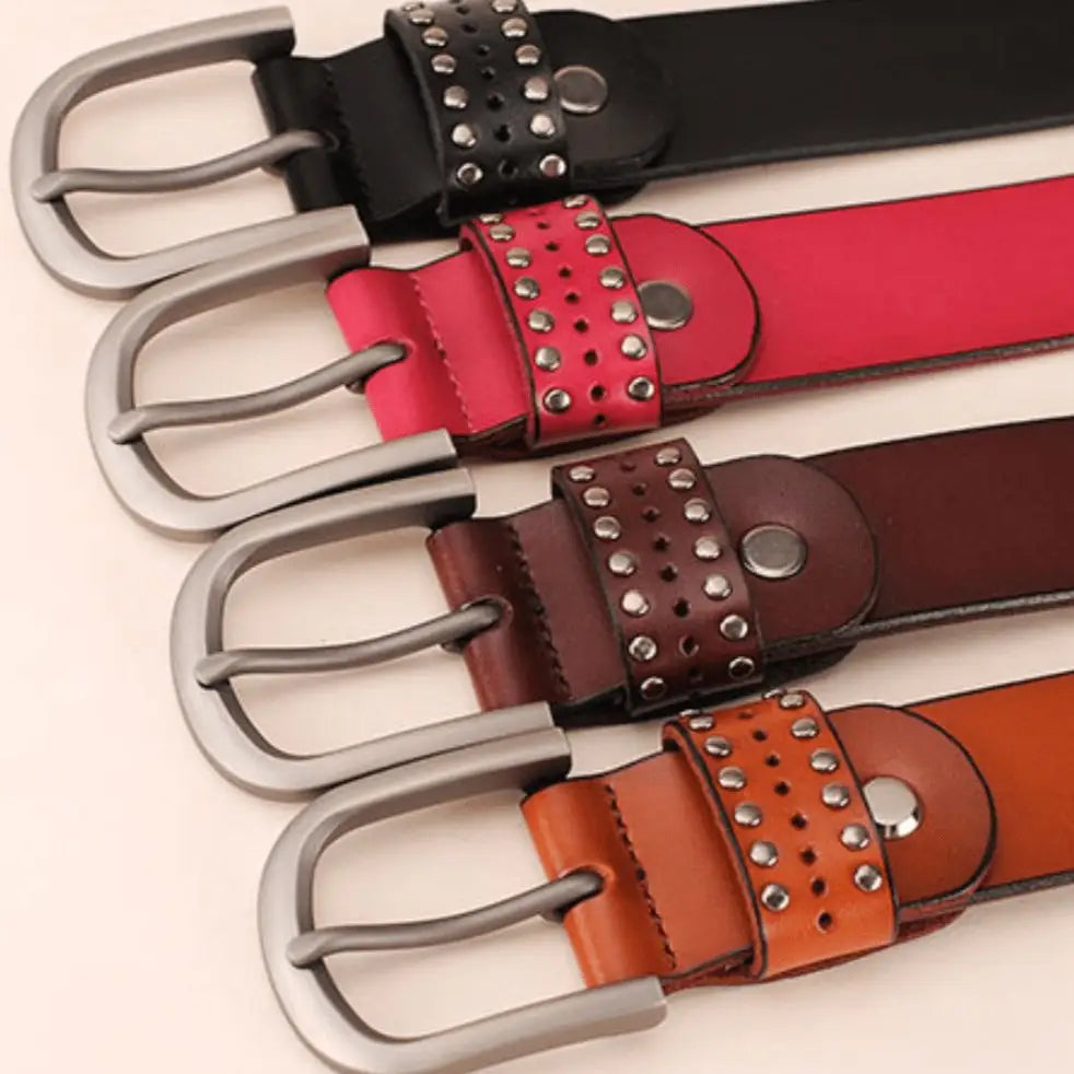 Assorted genuine leather belts with metal buckles and studded designs for stylish wear