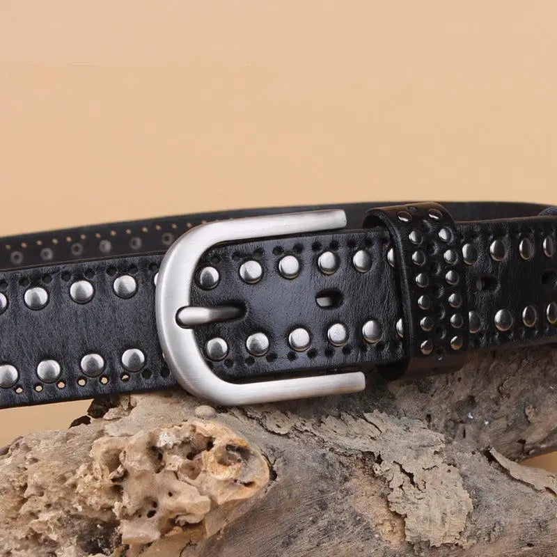 Genuine leather black studded belt with silver buckle for stylish men’s accessories