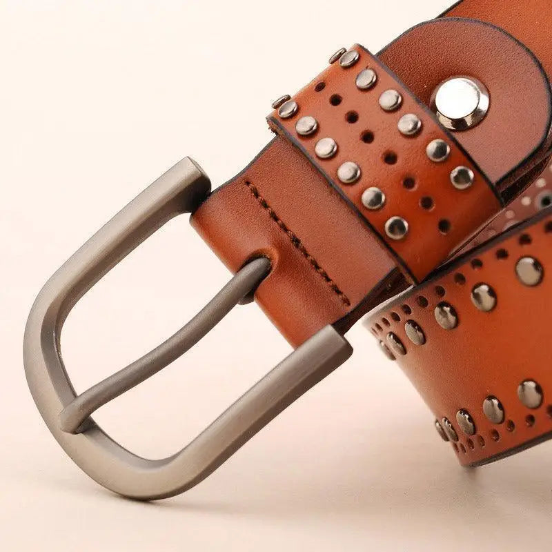 Genuine leather belt with metal buckle and studded design for stylish accessories