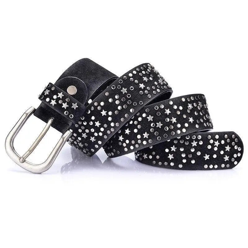 Black leather Verrona Studded Belt with silver stars, studs, and silver buckle