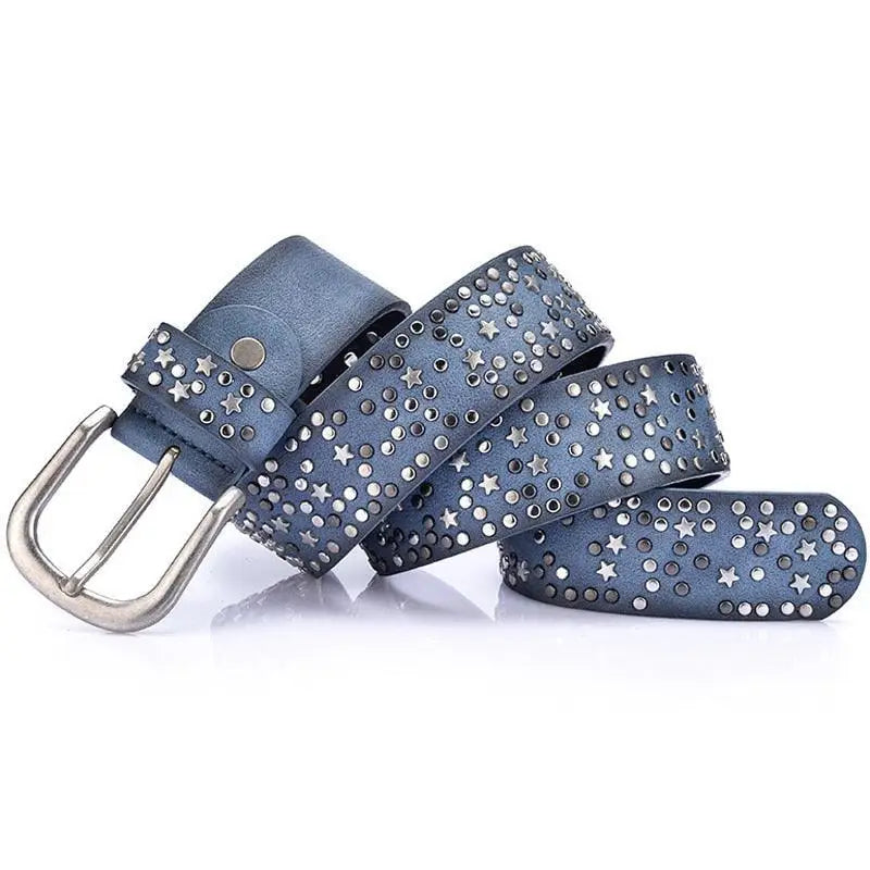 Blue studded belt from Verrona Studded Belt Collection with silver buckle