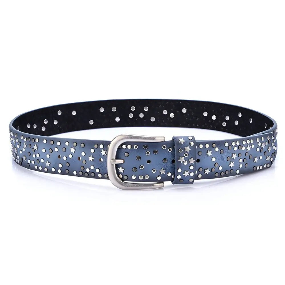 Blue leather verrona studded belt with silver stars and circles from Verrona Studded Belt Collection