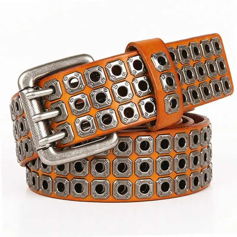 Orange leather belt with metal grommets and buckle for casual outfit enhancement