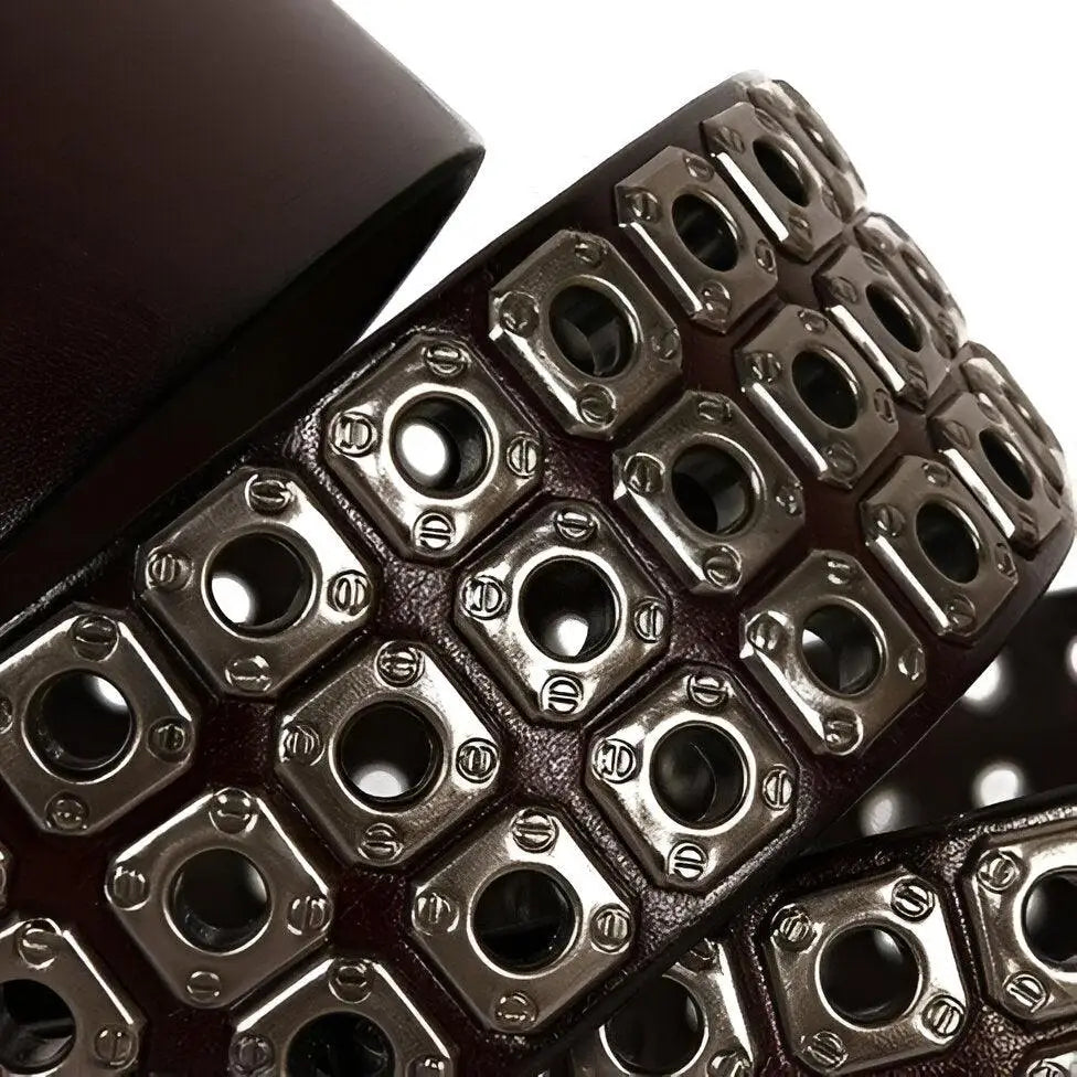 Brown leather belt with silver grommets from Studded Leather Belt for Casual Outfit Enhancement