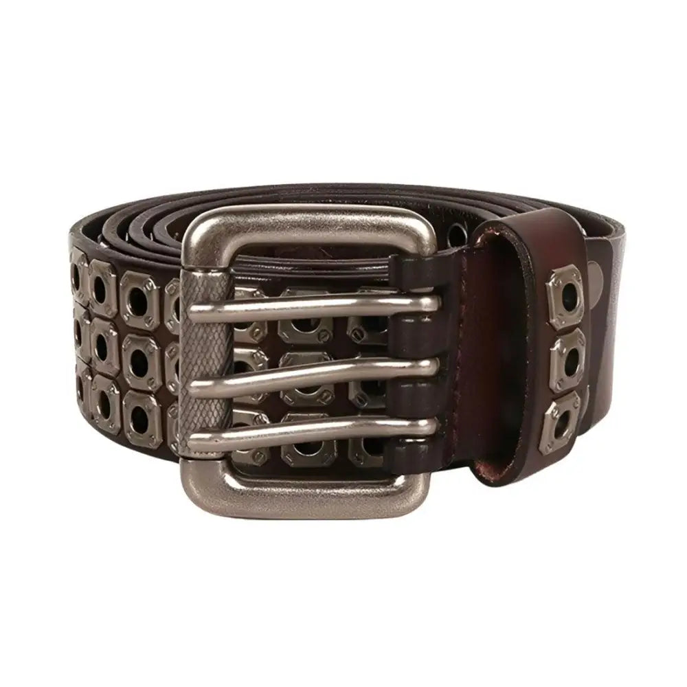 Brown leather belt with metal buckle and grommets ideal for casual outfit enhancement