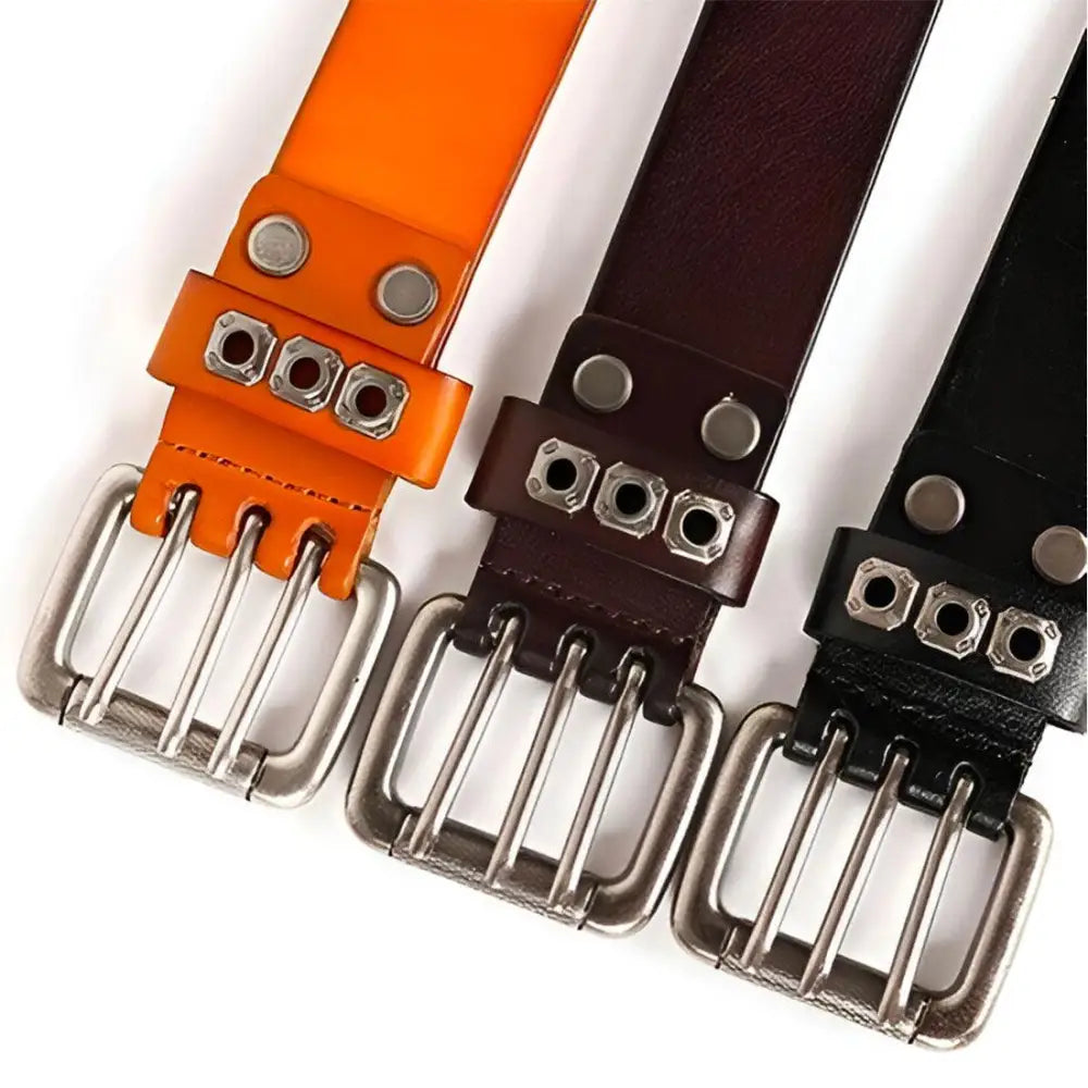 Three leather belts with metal buckles featured in the Studded Leather Belt for Casual Outfit Enhancement