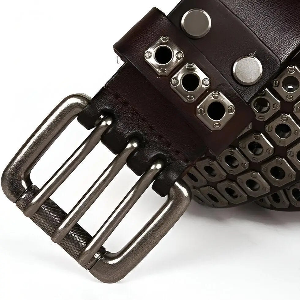 Brown leather belt with triple-prong buckle and metal grommets for casual style enhancement
