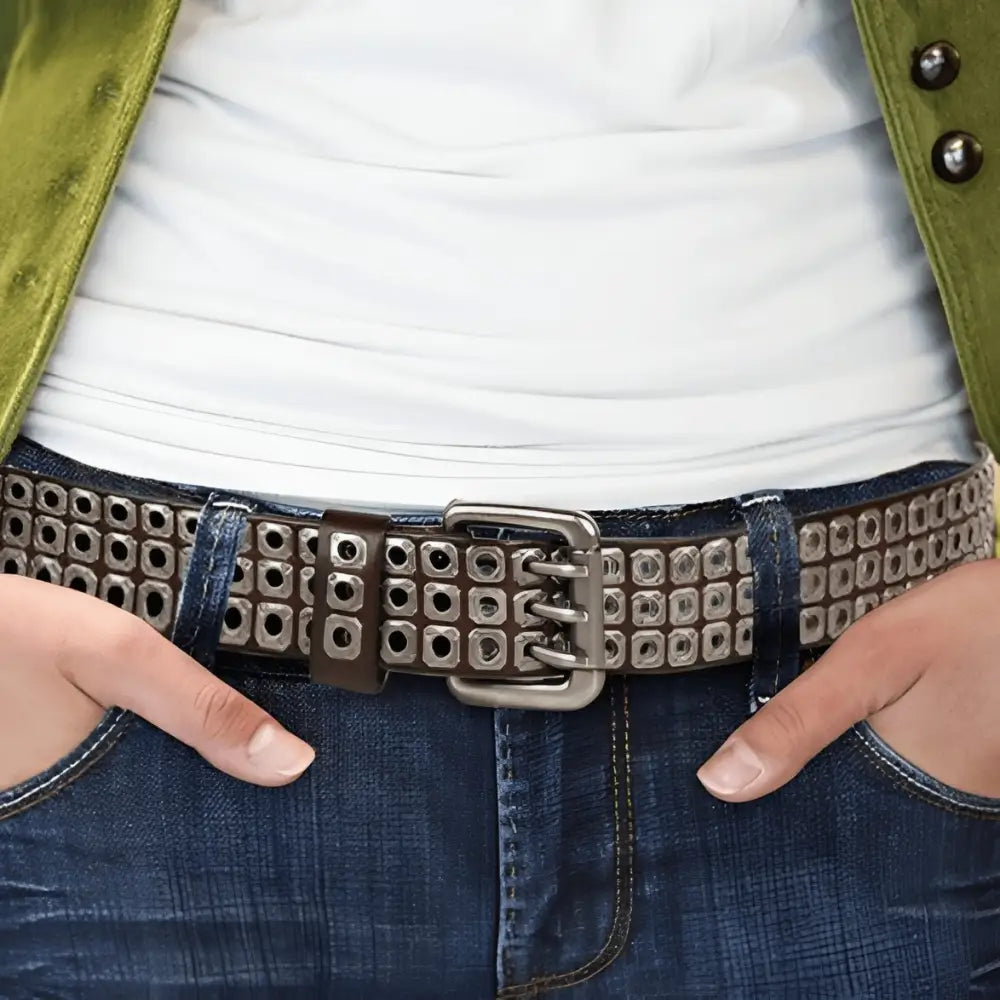 Studded leather belt for casual outfit enhancement showing durable design and metal studs
