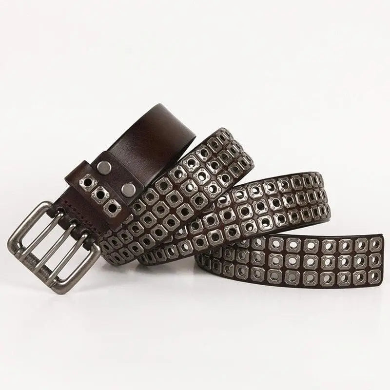 Brown leather belt with three rows of square studs for casual outfit enhancement