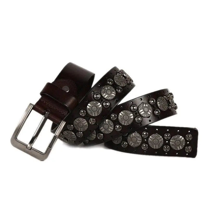 Ciradyl belt featuring brown leather with studs and a silver buckle for stylish wear