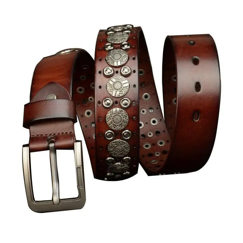 Ciradyl Belt Studded Brown and Black Leather with Silver Buckle and Decorative Studs