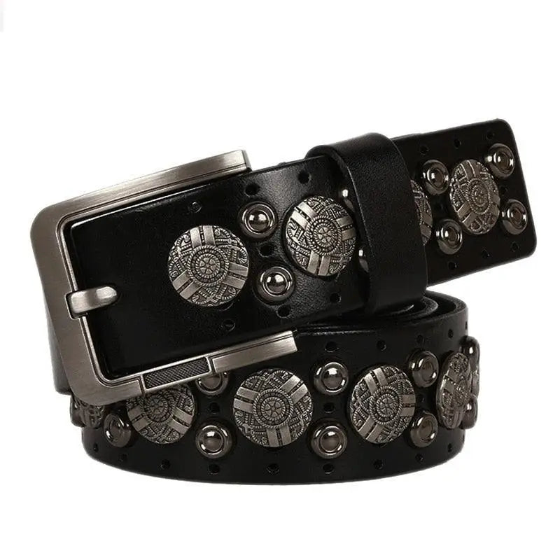 Black leather studded belt from Ciradyl Belt with silver buckle for stylish wear