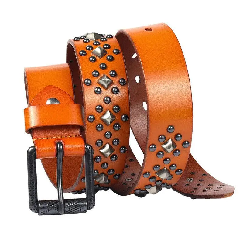 Orange leather studded belt from Kloeada Studded Belt Collection in stylish black leather