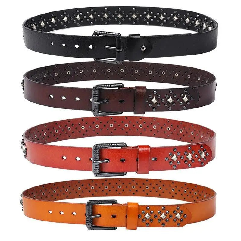 Four black leather Kloeada studded belts with embellishments for stylish accessories