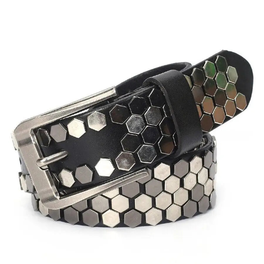 Black leather studded belt with silver hexagonal studs, Osonia Studded Belt for a stylish look