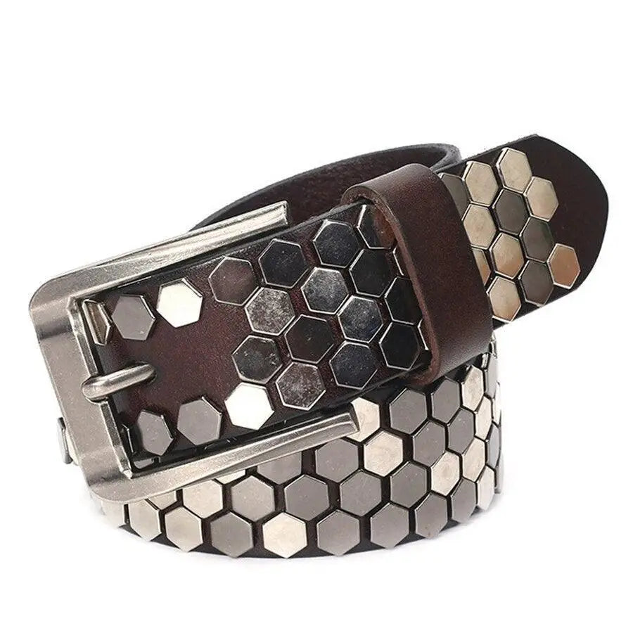 Brown leather studded belt with silver hexagonal studs from the Osonia Studded Belt collection