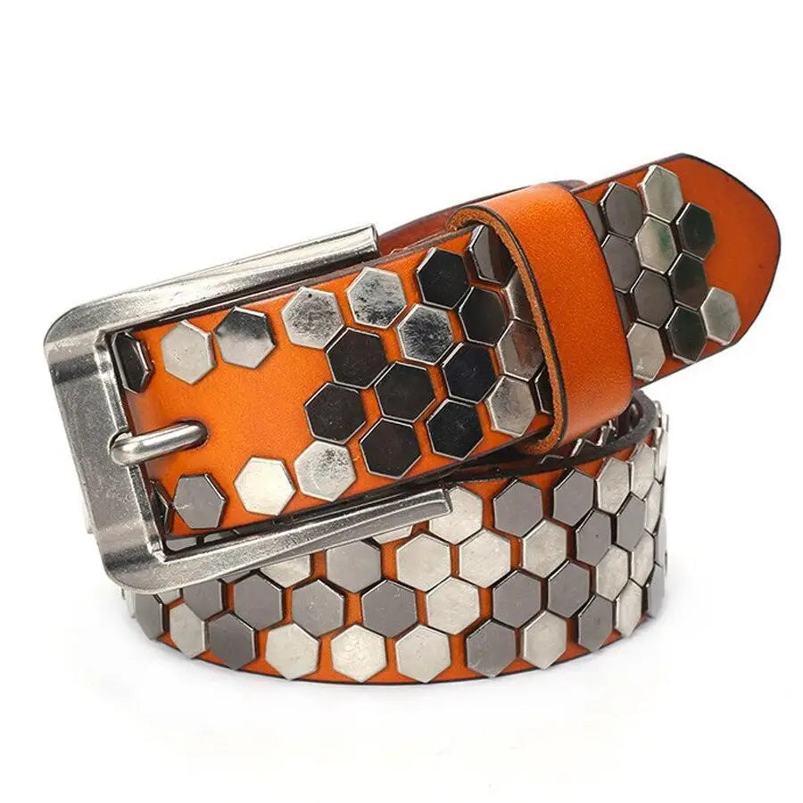 Orange leather studded belt with hexagonal studs from Osonia Studded belt collection