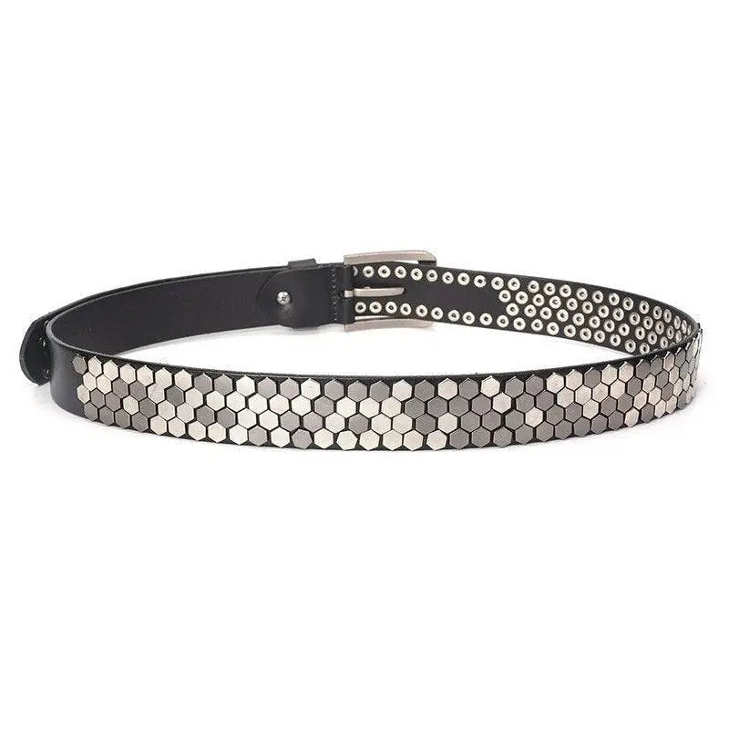 Black leather studded belt with silver hexagonal studs from Osonia Studded Belt collection